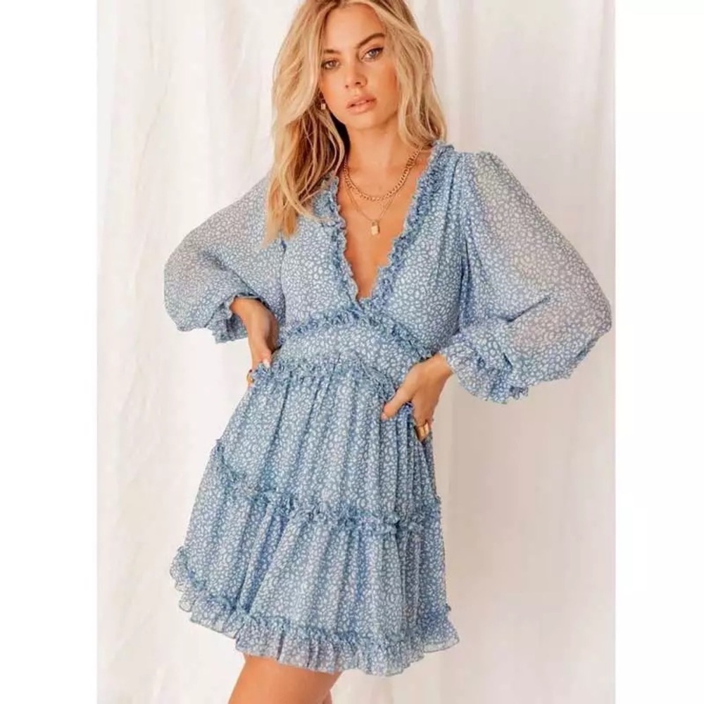 SOLD OUT Blue Ruffle Chiffon Open Back Mini Dress - Picture 1 of 3